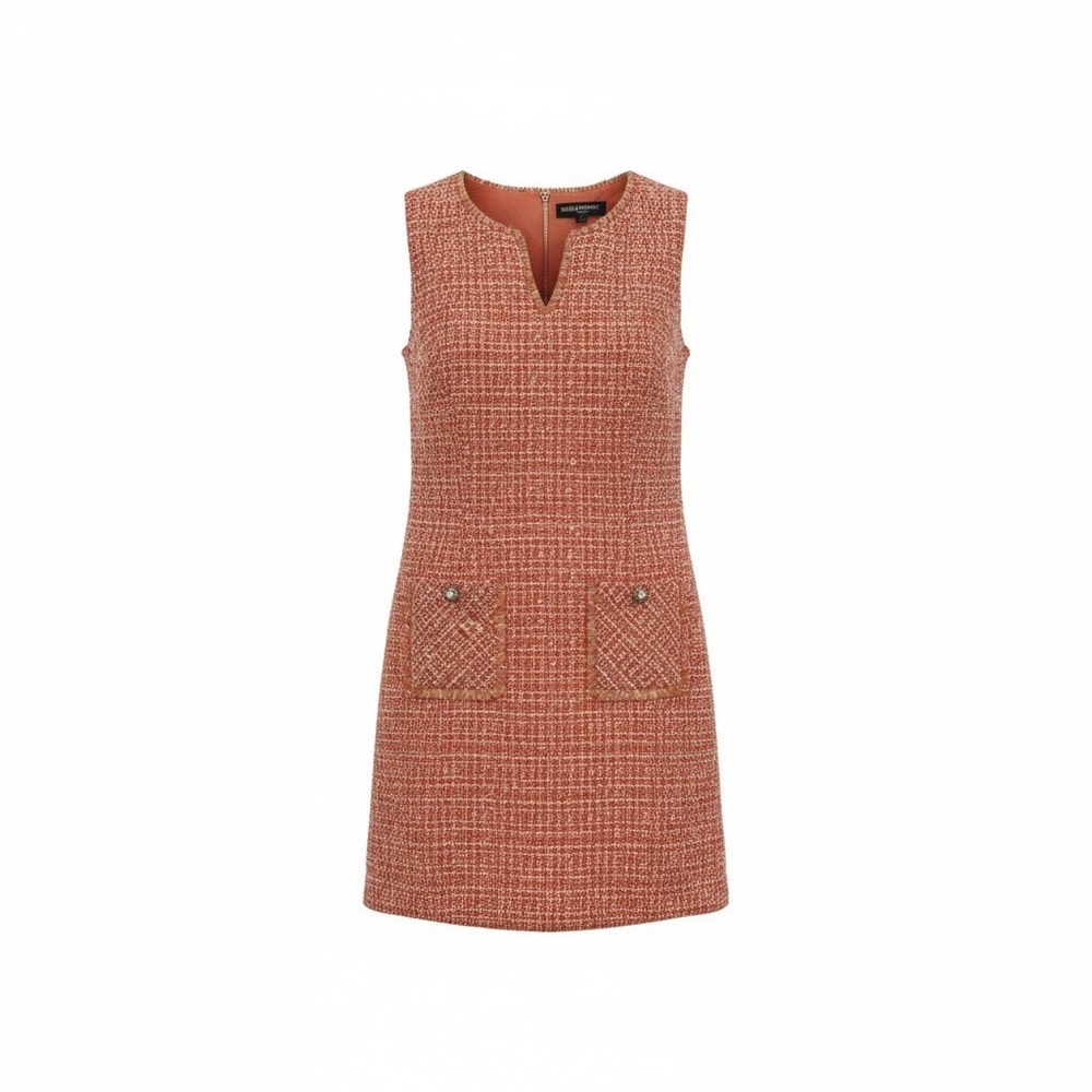 Karl Lagerfeld Paris Tweed Sheath Dress 14 Sleeveless Coral Pink Gold Metallic